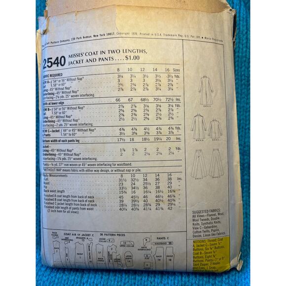 McCalls Sewing pattern 2540 Double breasted coat pants 1970s Size 14 - Picture 3 of 6